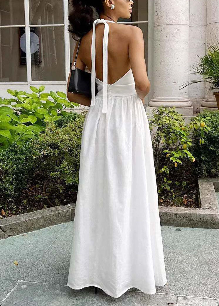 Fine White V Neck Halter Cotton Vacation Dresses Summer