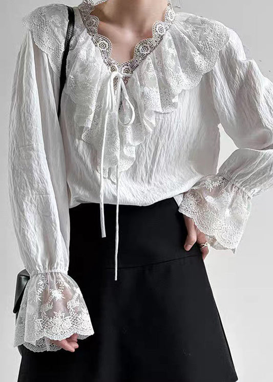 Fine White V Neck Lace Patchwork Shirts Flare Sleeve
