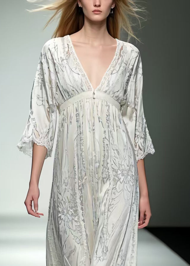 Fine White V Neck Print Chiffon Long Dress Summer