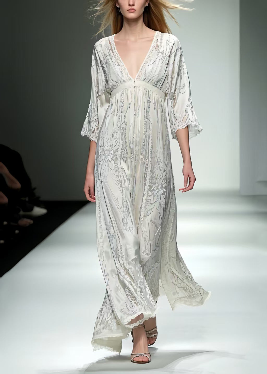 Fine White V Neck Print Chiffon Long Dress Summer