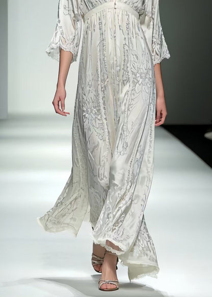 Fine White V Neck Print Chiffon Long Dress Summer