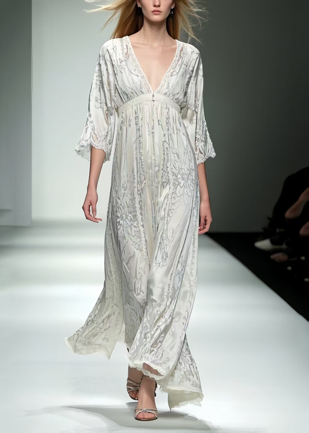 Fine White V Neck Print Chiffon Long Dress Summer