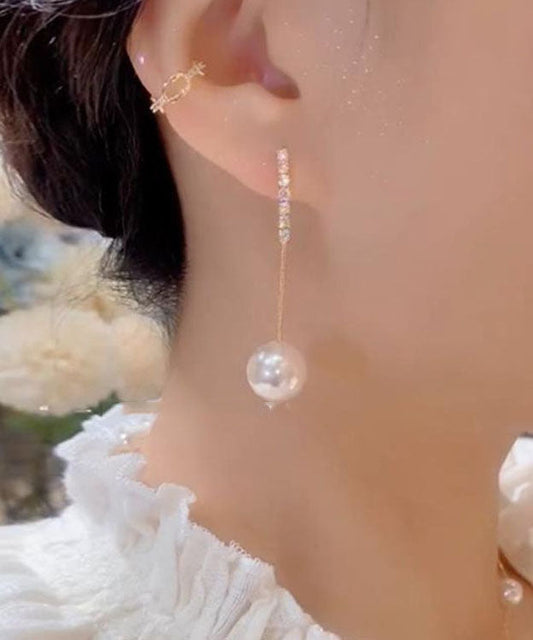 Pendientes de borla con perla y circonitas doradas en plata fina blanca fina