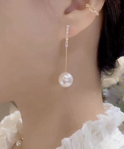 Pendientes de borla con perla y circonitas doradas en plata fina blanca fina