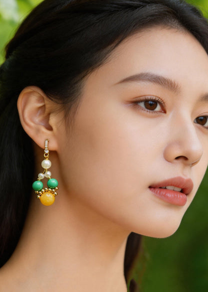 Fine Yellow Amber Chinese Style Drop Earrings