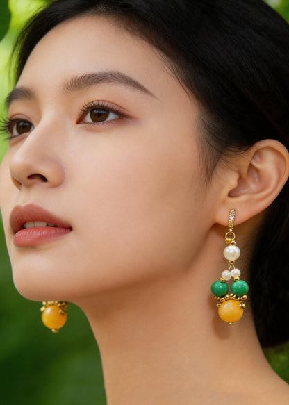 Fine Yellow Amber Chinese Style Drop Earrings