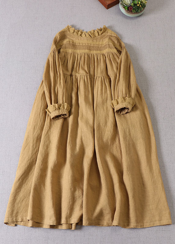 Feines gelbes besticktes Patchwork-Leinen-Langkleid Frühling