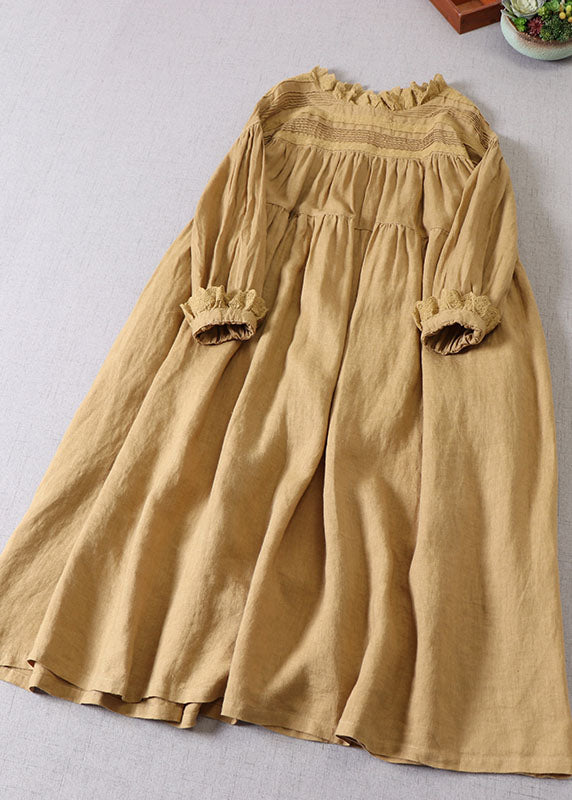 Feines gelbes besticktes Patchwork-Leinen-Langkleid Frühling