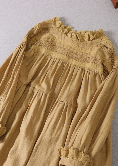 Feines gelbes besticktes Patchwork-Leinen-Langkleid Frühling