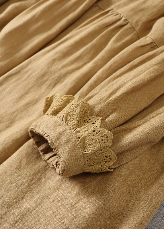 Feines gelbes besticktes Patchwork-Leinen-Langkleid Frühling