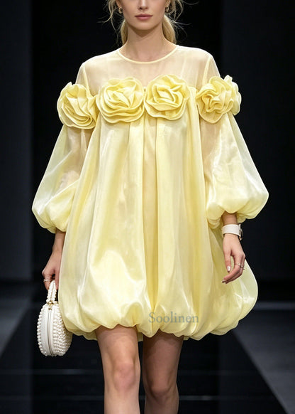 Fine Yellow Oversized Floral Silk Day Dress Summer