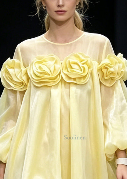 Fine Yellow Oversized Floral Silk Day Dress Summer