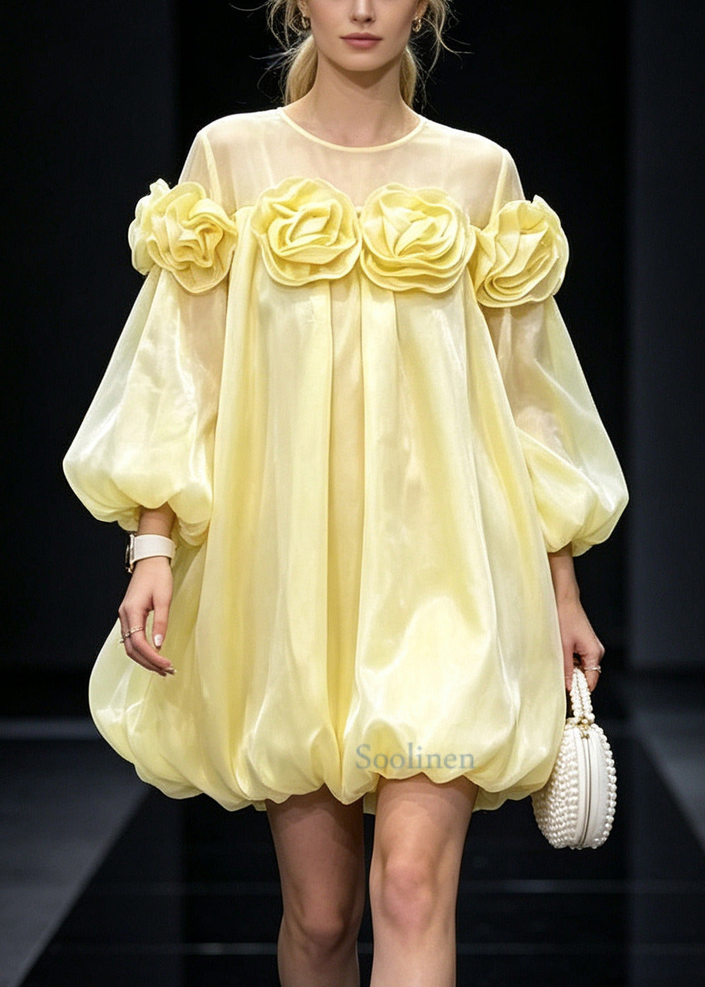 Fine Yellow Oversized Floral Silk Day Dress Summer