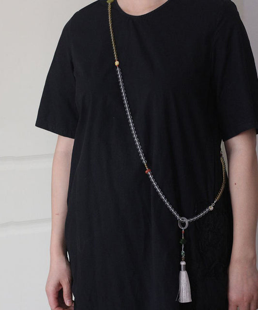 Feine gelbe Patchwork-Halskette mit handgewebtem Kristallperlen-Quastenanhänger