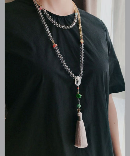 Feine gelbe Patchwork-Halskette mit handgewebtem Kristallperlen-Quastenanhänger