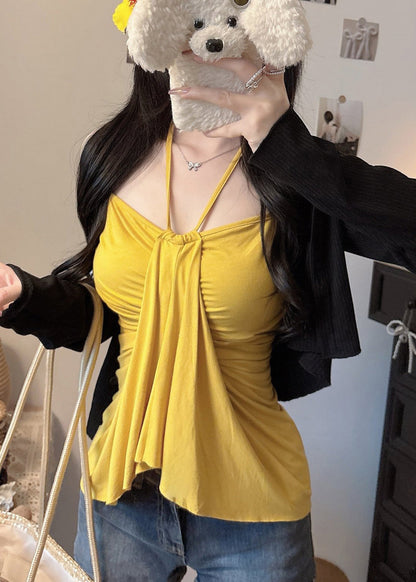 Fine Yellow Silm Fit Cotton Halter Tops Summer