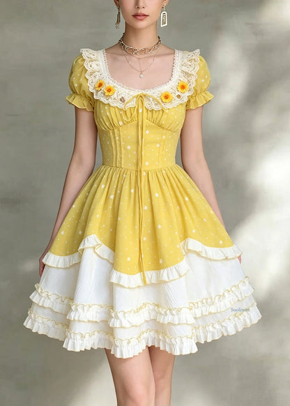 Fine Yellow Square Collar Ruffled Patchwork Mid Dress Short Sleeve