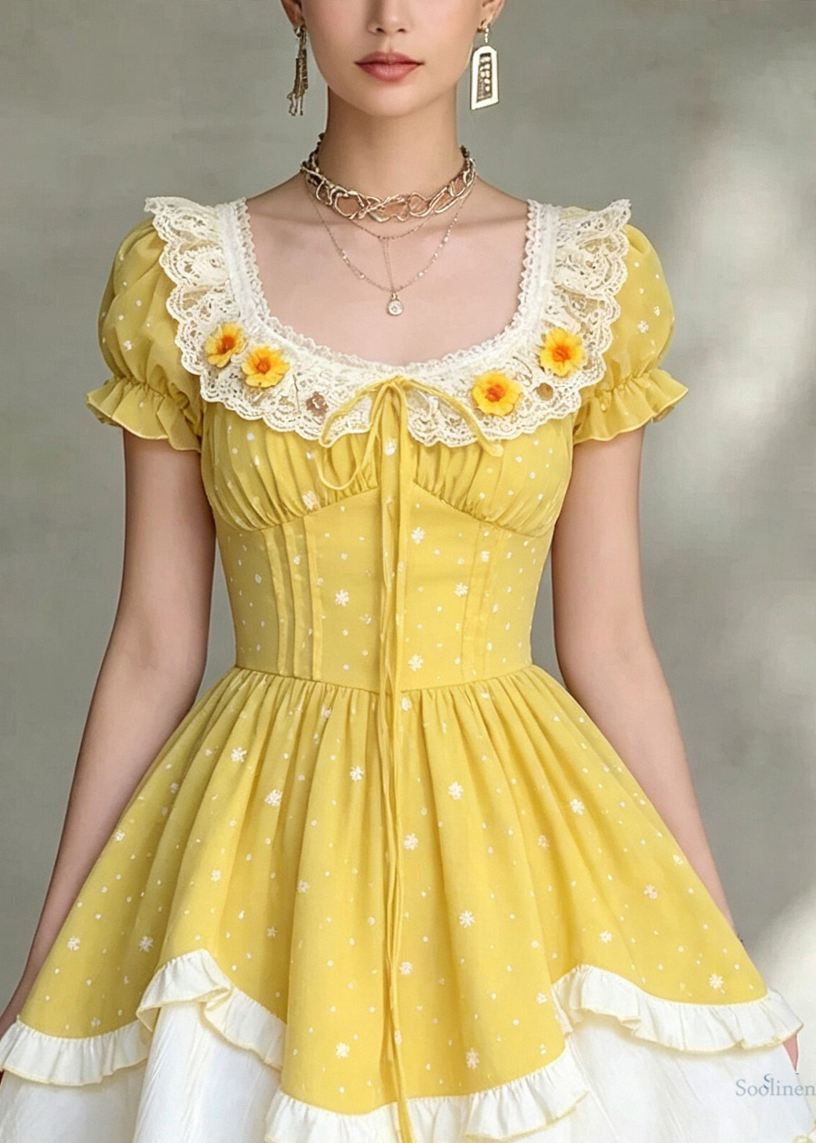 Fine Yellow Square Collar Ruffled Patchwork Mid Dress Short Sleeve