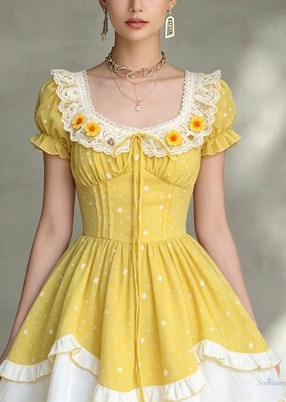 Fine Yellow Square Collar Ruffled Patchwork Mid Dress Short Sleeve