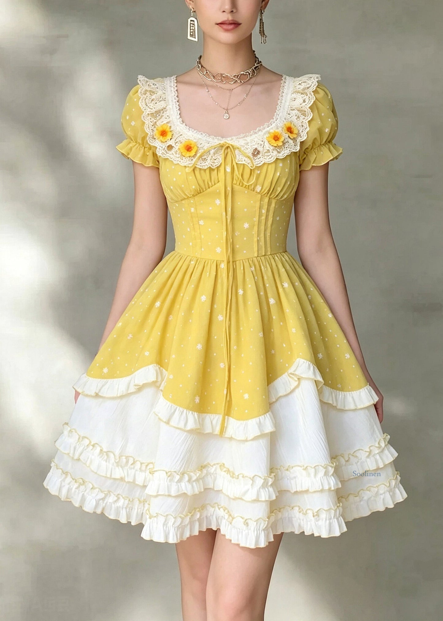 Fine Yellow Square Collar Ruffled Patchwork Mid Dress Short Sleeve