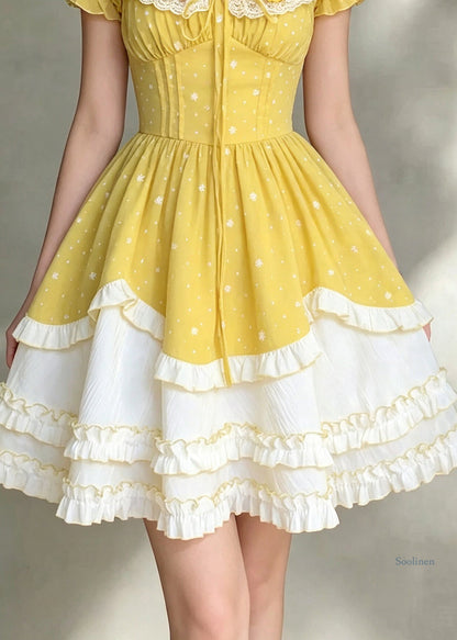 Fine Yellow Square Collar Ruffled Patchwork Mid Dress Short Sleeve