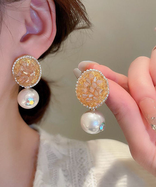 Pendientes ovalados de plata de ley amarilla con circonitas y perlas de cristal