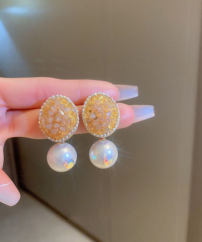 Pendientes ovalados de plata de ley amarilla con circonitas y perlas de cristal
