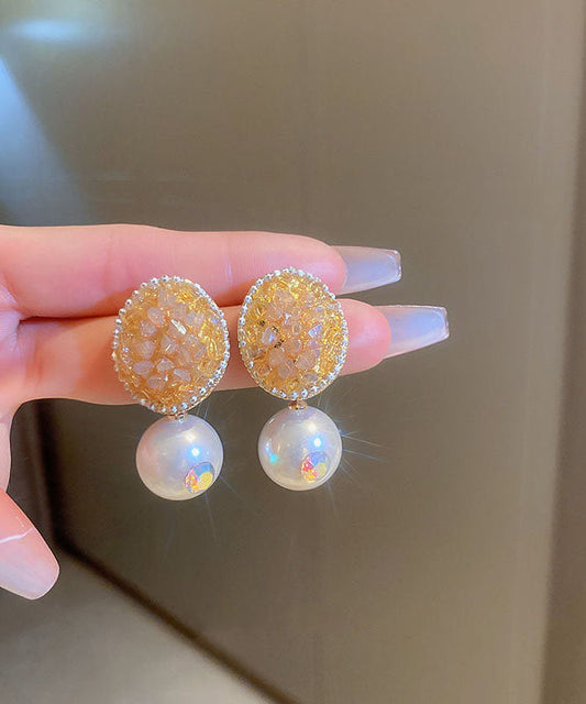 Pendientes ovalados de plata de ley amarilla con circonitas y perlas de cristal