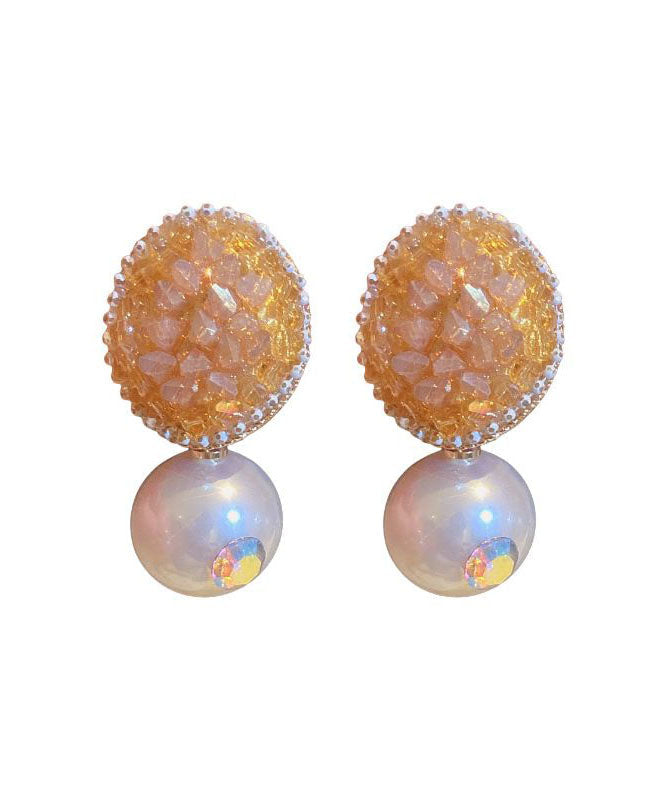 Pendientes ovalados de plata de ley amarilla con circonitas y perlas de cristal