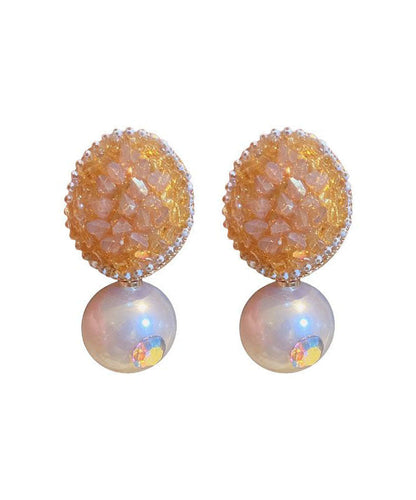 Pendientes ovalados de plata de ley amarilla con circonitas y perlas de cristal