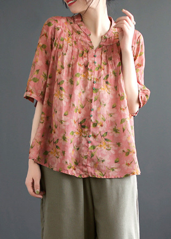 Top de manga corta con cuello en V, estampado de patchwork, botones arrugados y ramio en amarillo