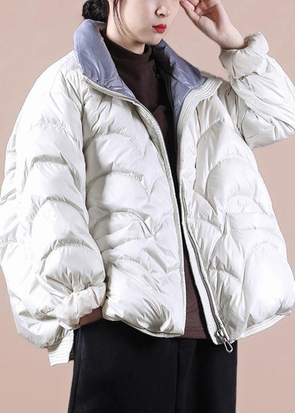 Fine beige down coat winter plus size stand collar zippered women coats - SooLinen