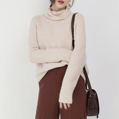 Feiner beige Pullover Übergrößen Kleidung High Neck Strickblusen 2018 Baggy Wintershirt