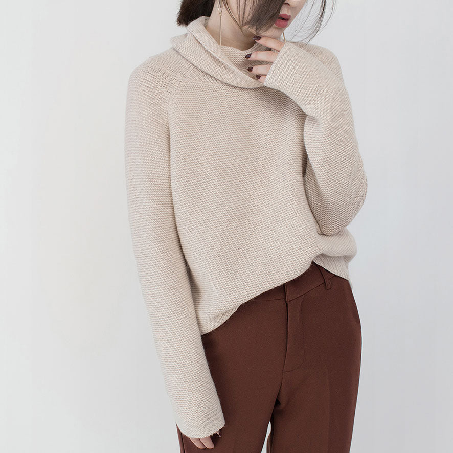 Feiner beige Pullover Übergrößen Kleidung High Neck Strickblusen 2018 Baggy Wintershirt