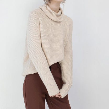 Feiner beige Pullover Übergrößen Kleidung High Neck Strickblusen 2018 Baggy Wintershirt