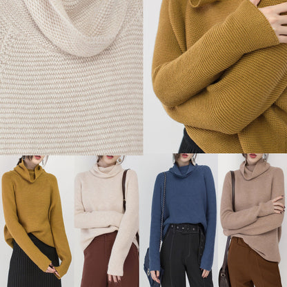 Feiner beige Pullover Übergrößen Kleidung High Neck Strickblusen 2018 Baggy Wintershirt