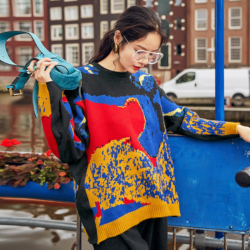 Feine schwarze Pullover mit abstraktem Muster, Herbstmode, O-Ausschnitt, gestrickte Oberteile, feine Herbstpullover