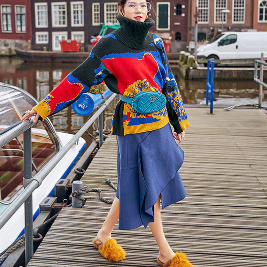 Feine schwarze Pullover mit abstraktem Muster, Herbstmode, O-Ausschnitt, gestrickte Oberteile, feine Herbstpullover