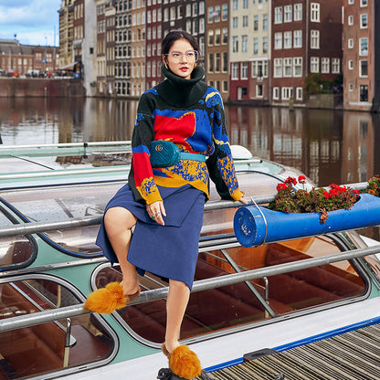 Feine schwarze Pullover mit abstraktem Muster, Herbstmode, O-Ausschnitt, gestrickte Oberteile, feine Herbstpullover