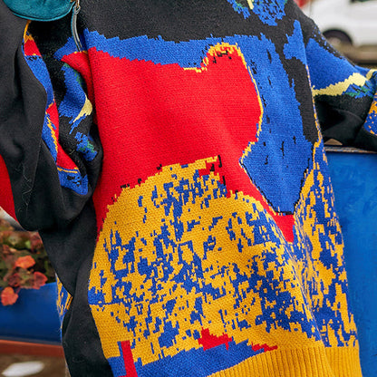 Feine schwarze Pullover mit abstraktem Muster, Herbstmode, O-Ausschnitt, gestrickte Oberteile, feine Herbstpullover