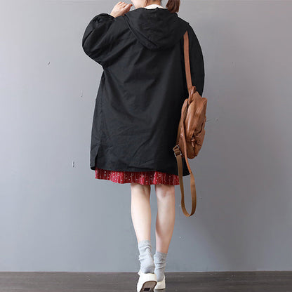 Feiner schwarzer Wintermantel Locker sitzender Kapuzenmantel Boutique große Taschen lange Jacken