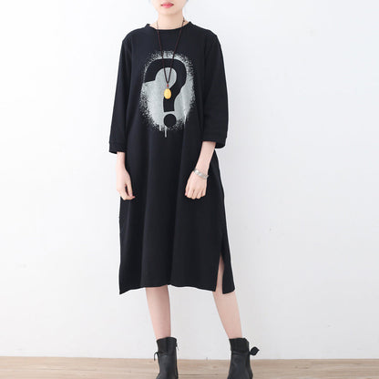 Feine schwarze Alphabet-Baumwollkaftane, trendiges, seitlich offenes Kleid in Übergröße, neue kurze Kaftane
