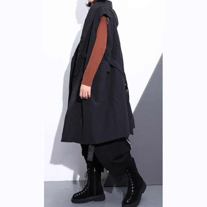 Fine black cotton blended tops plus size hooded tie waist clothing tops Elegant Sleeveless coats
