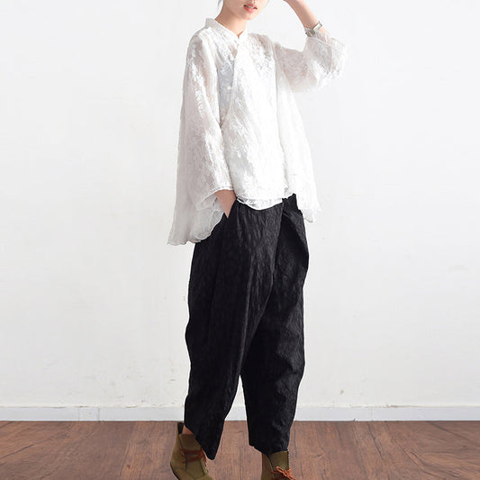 Feine schwarze Baumwollhose gepunktete Haremshose feiner Stoff