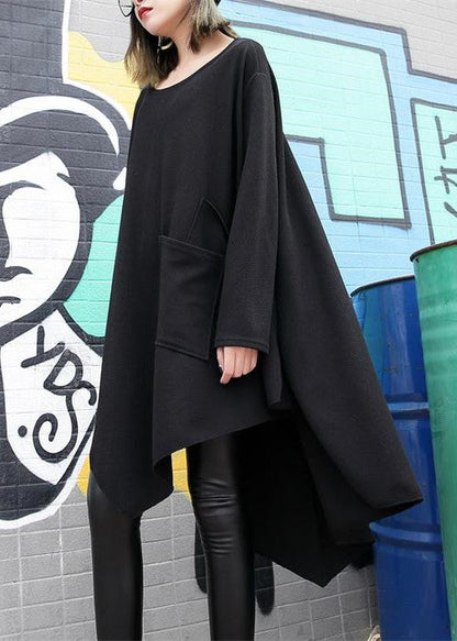 Feines schwarzes Baumwoll-Seidenkleid in Übergröße, asymmetrischer Saum, Reisekleid, Boutique-Kleid mit Rundhalsausschnitt