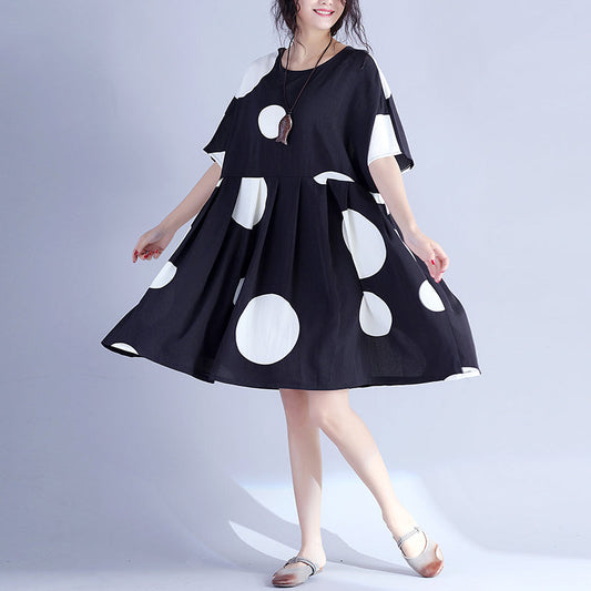 Feines schwarzes gepunktetes Kleid aus reiner Baumwolle, übergroßes Maxikleid aus Baumwolle, lässiges Kniekleid mit Rundhalsausschnitt und hoher Taille