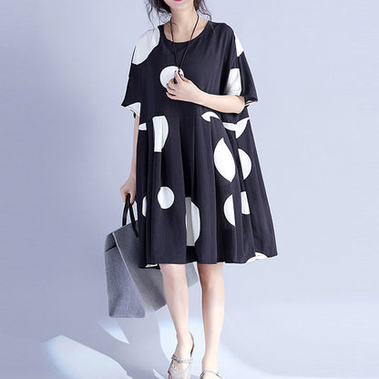 Feines schwarzes gepunktetes Kleid aus reiner Baumwolle, übergroßes Maxikleid aus Baumwolle, lässiges Kniekleid mit Rundhalsausschnitt und hoher Taille