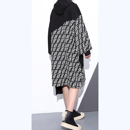Fine black dress plus size Hooded patchwork long coat New long sleeve pockets asymmetrical design dresses