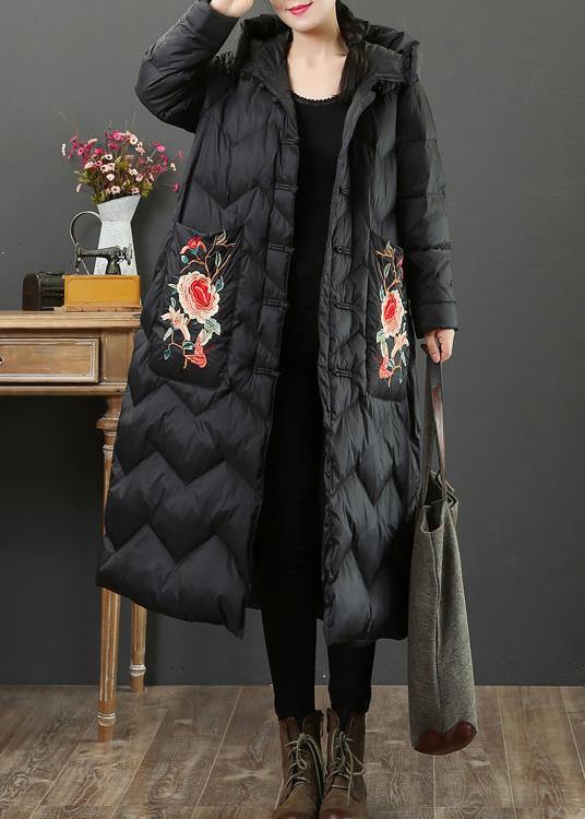 Fine black embroidery goose Down coat oversize down jacket hooded Fine Jackets - SooLinen