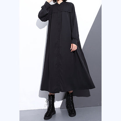 Feines schwarzes langes Kleid aus Seiden-Baumwollmischung, übergroßer Stehkragen, Reisekleid, Vintage-Taschen, Cinched-Kleider